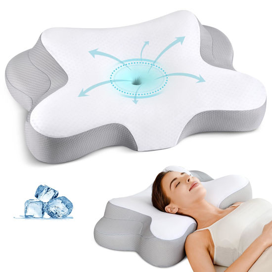 Picture of HOBEST Cervical Neck Pillow - Ergonomic Neck Pillow for Pain Relief, Cooling Memory Foam Pillows for Sleeping, Neck Support Pillow for Side, Back & Stomach Sleeper (White)