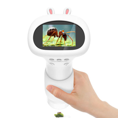 Picture of HUTACT Kids Microscope Portable with 2'' Screen - 200X Mini Digital Handheld Pocket Microscope, Christmas Birthday Gifts for All Age, Includes 5 Prepared Microscope Slides Kit