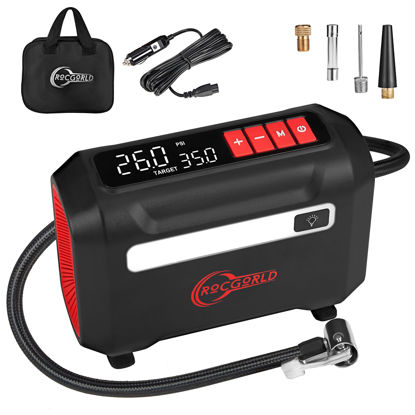 Picture of ROCGORLD R8 Tire Inflator Portable Air Compressor, DC 12V Air Compressor Portable with Large Dual Digital Screen, 3X Faster Inflation Air Pump for Car, Bike, Ball, Motor