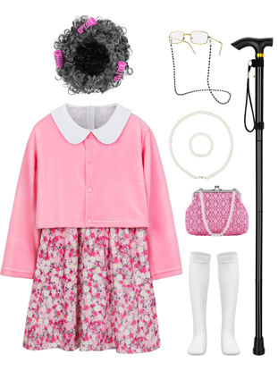 Picture of Gnodio Old Lady Costume for Kids 100 Days of School Costume for Girls 100th Day of School Granny Old Lady Dress Up Accessory Pink 5-7X