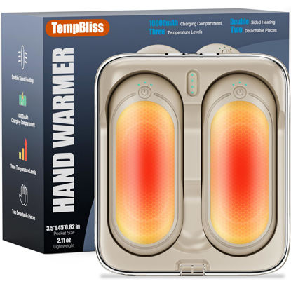 Picture of TempBliss 14000mAh Hand Warmers Rechargeable with Charging Compartment, 2 Pack Electric Hot Hands Warmers, Smart Temperature Control, Portable Pocket Heater for Camping, Fishing, Golf, Outdoor, (Gold)