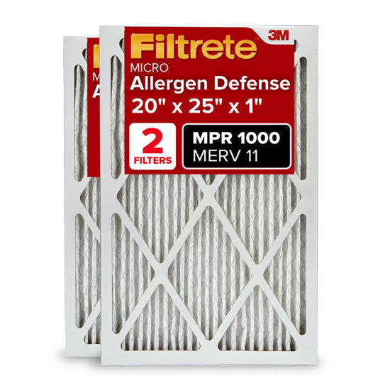 Picture of Filtrete 20x25x1 AC Furnace Air Filter, MERV 11, MPR 1000, Micro Allergen Defense, 3-Month Pleated 1-Inch Electrostatic Air Cleaning Filter, 2 Pack (Actual Size 19.688 x 24.688 x 0.84 in)