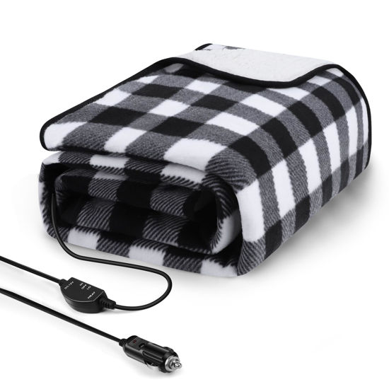 Picture of Sino Salected Heated car Blanket - 12 Volt Electric Blanket for car, Portable Heated Blanket for Car, Truck, SUV, RV & Camping, with Upgraded Temperature Controller, 59" x 43"(Black-White Plaid