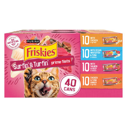 Picture of Purina Friskies Gravy Wet Cat Food Variety Pack, Surfin’ and Turfin’ Prime Filets Favorites - (Pack of 40) 5.5 oz. Cans