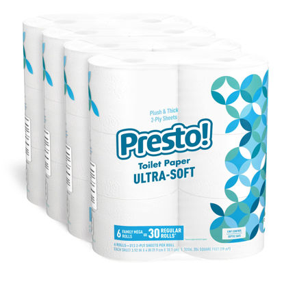 Picture of Amazon Brand - Presto! 2-Ply Ultra-Soft Toilet Paper, 24 Family Mega Rolls = 120 regular rolls, 6 Count (Pack of 4), Unscented