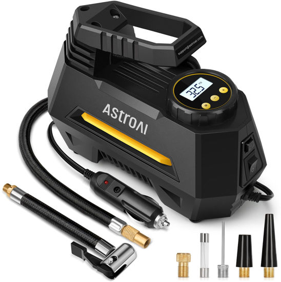 Picture of AstroAI Tire Inflator Portable Air Compressor Tire Air Pump for Car Tires - Car Accessories, 12V DC Auto Pump with Digital Pressure Gauge, Emergency LED Light for Bicycle, Balloons, Yellow