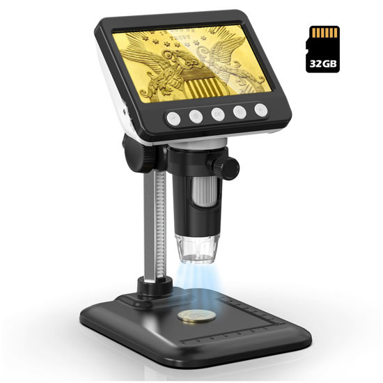 Picture of Digital Microscope, 4.3" LCD USB Coin Microscope, 1000X 1080P Error Coin Magnifier with 8 Adjustable LED Lights, PC View, Compatible with Windows for Adults Kids