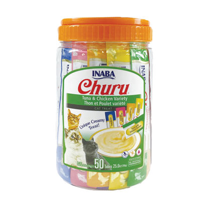 Picture of INABA Churu Cat Treats, Grain-Free, Lickable, Squeezable Creamy Purée Cat Treat/Topper with Vitamin E & Taurine, 0.5 Ounces Each Tube, 50 Tubes, Tuna & Chicken Variety