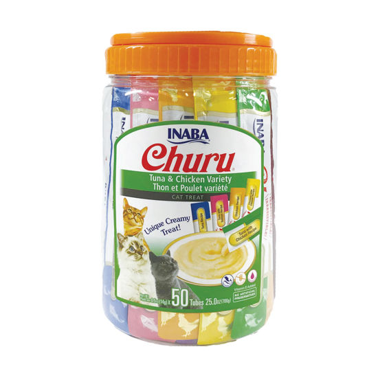 Picture of INABA Churu Cat Treats, Grain-Free, Lickable, Squeezable Creamy Purée Cat Treat/Topper with Vitamin E & Taurine, 0.5 Ounces Each Tube, 50 Tubes, Tuna & Chicken Variety