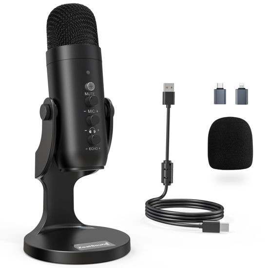 Picture of ZealSound USB Microphone,Condenser Computer PC Mic,Plug&Play Gaming Microphones for PS 4&5.Headphone Output&Volume Control,Mic Gain Control,Mute Button Vocal,YouTube Podcast on Mac&Windows(Black)