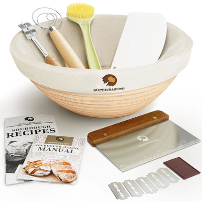 Picture of Superbaking Banneton Bread Proofing Basket, Sourdough Bread Baking Supplies, Round 9 Inch Sourdough Starter Kit, Proofing Basket for Bread Baking, Bread Making Supplies Tools, Banneton Basket Gift Set