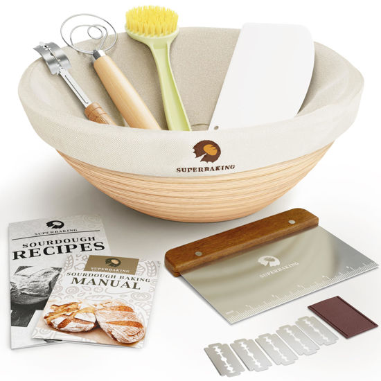 Picture of Superbaking Banneton Bread Proofing Basket, Sourdough Bread Baking Supplies, Round 9 Inch Sourdough Starter Kit, Proofing Basket for Bread Baking, Bread Making Supplies Tools, Banneton Basket Gift Set