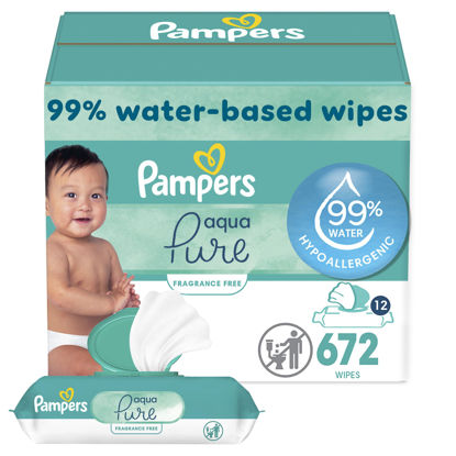 Picture of Pampers Baby Wipes Aqua Pure, 99% water-based wipes, Hypoallergenic and Unscented Baby Wipes, 672 Wipes Total (12 Flip-Top Packs)