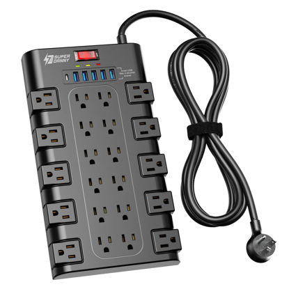 Picture of Power Strip, SUPERDANNY Surge Protector with 22 AC Outlets and 6 USB Charging Ports, 1875W/15A, 2100 Joules, 6.5Ft Flat Plug Heavy Duty Extension Cord for Home, Office, Dorm, Gaming Room, Black
