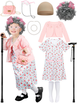 Picture of Luces 100th Days of School Costume for Girls, Old Lady Dress Up for Kids, 100th Day School Granny Wig Cane Accessories Outfit