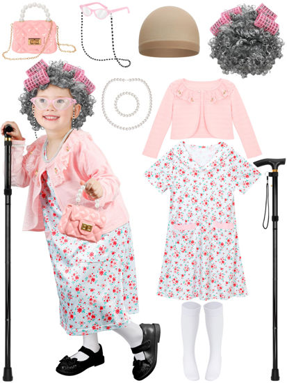 Picture of Luces 100th Days of School Costume for Girls, Old Lady Dress Up for Kids, 100th Day School Granny Wig Cane Accessories Outfit