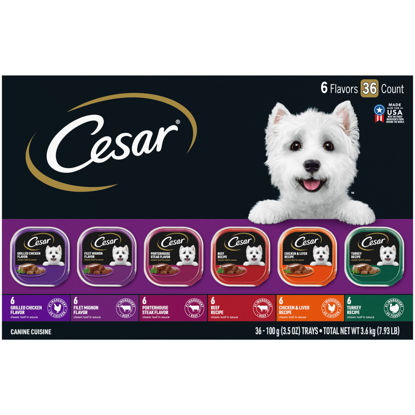 Picture of CESAR Adult Wet Dog Food Classic Loaf in Sauce Grilled Chicken, Filet Mignon, Porterhouse Steak, Beef, Chicken & Liver and Turkey Variety Pack, 3.5 oz. Easy Peel Trays, Pack of 36
