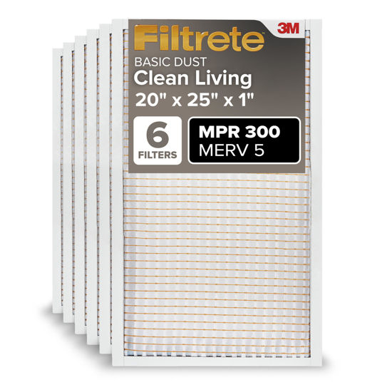 Picture of Filtrete 20x25x1 AC Furnace Air Filter, MERV 5, MPR 300, Capture Unwanted Particles, 3-Month Pleated 1-Inch Electrostatic Air Cleaning Filter, 6-Pack (Actual Size19.69x24.69x0.81 in)