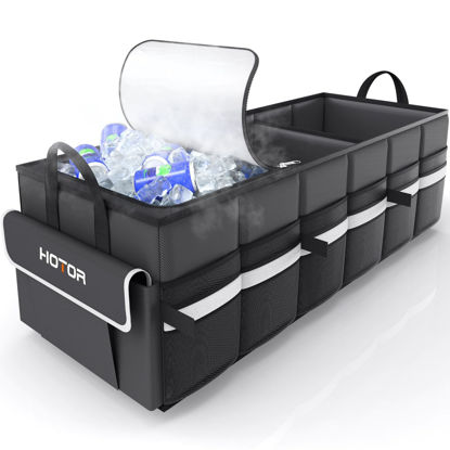Picture of HOTOR Trunk Organizer for Car - Car Organizer with Built-In Leakproof Car Cooler, Collapsible Trunk Organizer with Cooler for Car, SUV, Sedan, with Base Panel (3 Compartments, Black),31.9"×12.6"×10.6”