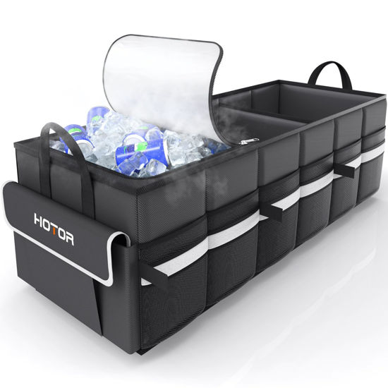Picture of HOTOR Trunk Organizer for Car - Car Organizer with Built-In Leakproof Car Cooler, Collapsible Trunk Organizer with Cooler for Car, SUV, Sedan, with Base Panel (3 Compartments, Black),31.9"×12.6"×10.6”