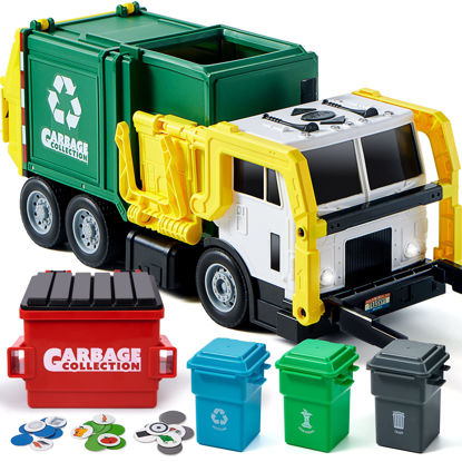 Picture of JOYIN Large Friction Powered Garbage Truck Toy Set, Includes Dumpster, Trash Bins, and Learning Cards for Kids