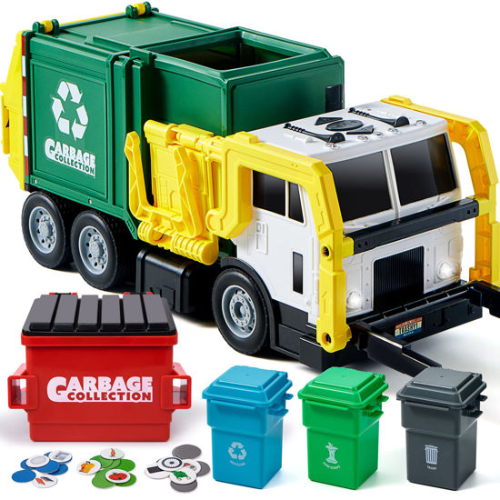 Picture of JOYIN Large Friction Powered Garbage Truck Toy Set, Includes Dumpster, Trash Bins, and Learning Cards for Kids