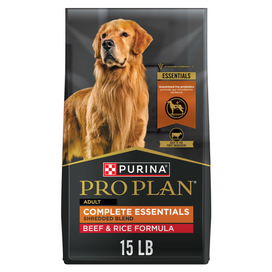 Picture of Purina Pro Plan Complete Essentials Shredded Blend Beef and Rice Dog Food Dry Formula with Probiotics for Dogs - 15 lb. Bag