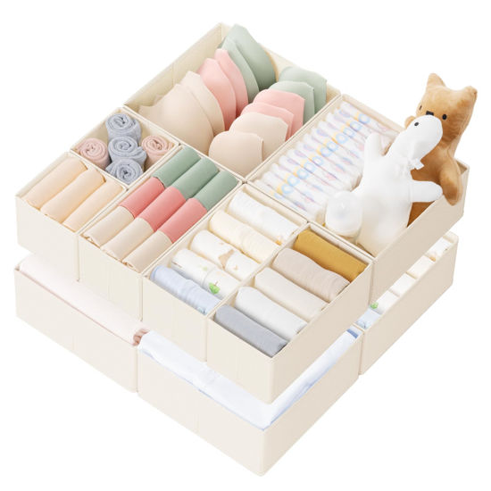 Picture of Criusia Drawer Organizer Clothes, 10 Pack Dresser Organizer for Baby Clothes, Underwear, Sock- Foldable Closet Organization and Storage Dividers Bins for Nursery, Bedroom (Beige)