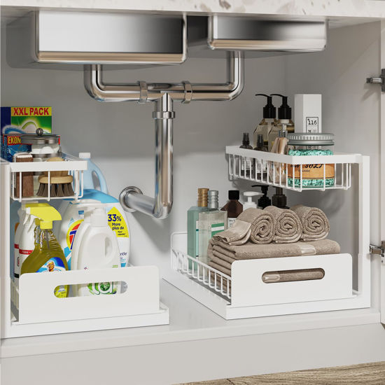 Picture of REALINN Under Sink Organizer, Pull Out Cabinet Organizer 2 Tier Slide Out Sink Shelf Cabinet Storage Shelves, Storage for Kitchen Bathroom, White, 2 Pack
