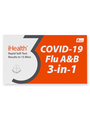 Picture of iHealth COVID-19, Flu A&B 3-in-1 Antigen Rapid Test, Results in 15 Minutes, FDA Authorized OTC Flu & COVID Home Test, with Non-invasive Nasal Swab, Easy to Use & No Discomfort (1 Pack, 4 Tests Total)
