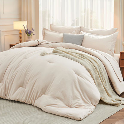 Picture of MUXHOMO 7 Pieces Queen Comforter Set, Soft Bed in a Bag Queen Size, All Season Bedding Set with Comforter, Flat Sheet, Fitted Sheet, Pillowcases & Shams, Beige