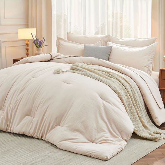 Picture of MUXHOMO 7 Pieces Queen Comforter Set, Soft Bed in a Bag Queen Size, All Season Bedding Set with Comforter, Flat Sheet, Fitted Sheet, Pillowcases & Shams, Beige