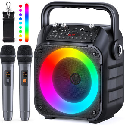 Picture of Karaoke Machine, Portable Bluetooth Speaker with 2 Wireless Microphones for Adults & Kids with Lights, Karaoke Microphone with PA System Supports USB/TF/REC/FM/AUX for Home Party