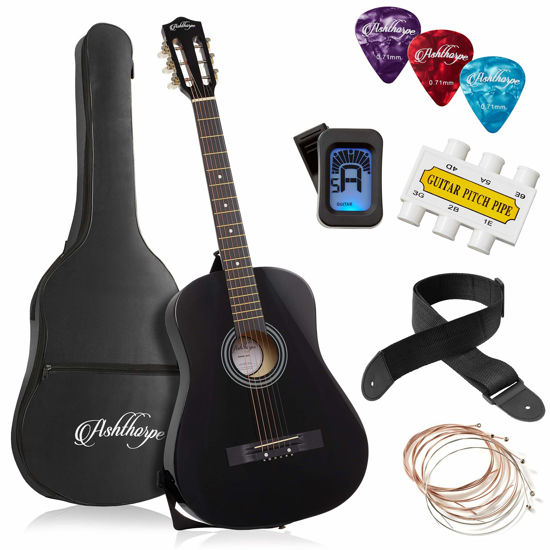 Picture of Ashthorpe 38-inch Beginner Acoustic Guitar Package (Black), Basic Starter Kit w/Gig Bag, Strings, Strap, Tuner, Pitch Pipe, Picks