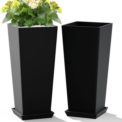 Picture of TUYOHW Set of 2 Large Tall Planter for Indoor or Outdoor 24" Tall Flower Pots Tapered Tall Planters with Tray for Porch, Patio, Backyard, Large Planters for Outdoor Indoor Plants(Black)