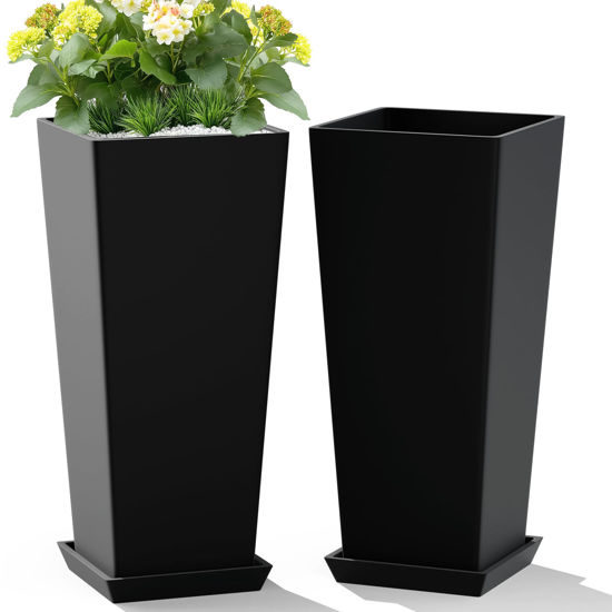 Picture of TUYOHW Set of 2 Large Tall Planter for Indoor or Outdoor 24" Tall Flower Pots Tapered Tall Planters with Tray for Porch, Patio, Backyard, Large Planters for Outdoor Indoor Plants(Black)