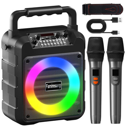 Picture of Karaoke Machine for Adults - Portable Bluetooth Karaoke Speaker with Two Wireless Microphones, PA System Speaker Supports TF Card/USB, AUX in, REC, Bass & Treble for Party/Meeting