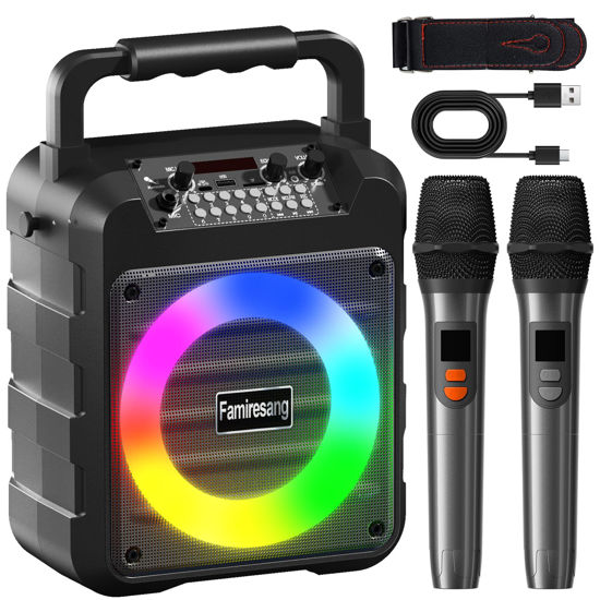 Picture of Karaoke Machine for Adults - Portable Bluetooth Karaoke Speaker with Two Wireless Microphones, PA System Speaker Supports TF Card/USB, AUX in, REC, Bass & Treble for Party/Meeting