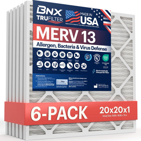 Picture of BNX TruFilter 20x20x1 Air Filter MERV 13 (6-Pack) - MADE IN USA - Electrostatic Pleated Air Conditioner HVAC AC Furnace Filters for Allergies, Pollen, Mold, Bacteria, Smoke, Allergen, MPR 1900 FPR 10