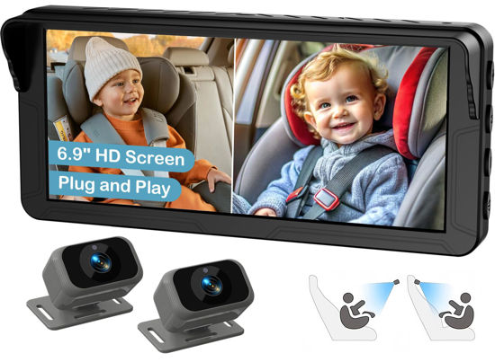 Picture of Fodkh Dual Baby Car Camera for 2 Kids - 6.9” Split-Screen HD Display, Infrared Night Vision, Easy Installation, Backseat Camera for Infant & Toddler Safety, Compatible with All Car Models