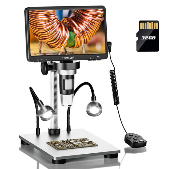 Picture of TOMLOV DM9 7" LCD Digital Microscope 1200X, 1080P Coin Microscope Magnifier, 12MP Ultra-Precise Focusing Soldering Microscope for Adult, PC View, 32GB