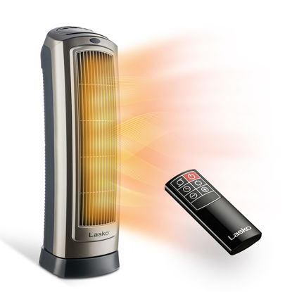Picture of Lasko Oscillating Digital Ceramic Tower Heater for Home with Adjustable Thermostat, Timer and Remote Control, 23 Inches, 1500W, Silver, 755320, 8.5″L x 7.25″W x 23″H, Silver