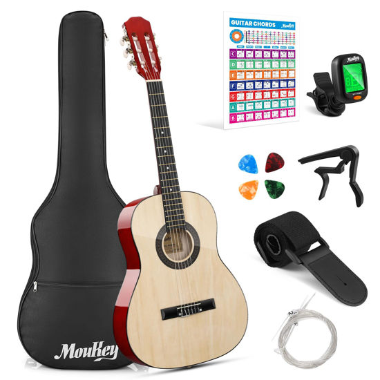 Picture of Moukey 36" Acoustic Guitar for Beginners Kids Youth 3/4 Size Dreadnought Travel Guitarra Acustica Kit with Chord Poster, Gig Bag, Tuner, Picks, Nylon Strings, Capo, Strap - Natural