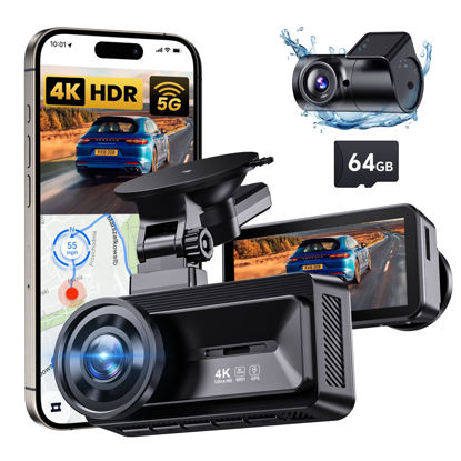 Picture of COOLCRAZY Dash Cam Front and Rear, 4K Full HD Dual Dash Camera for Cars Built-in 5G WiFi GPS, 64GB Card, Car Camera with 3" IPS Screen, UHD 2160P Night Vision, HDR, App Control, 24H Parking Monitor