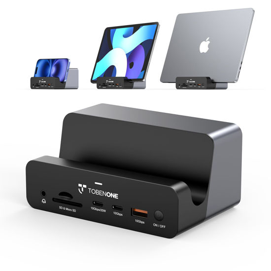 Picture of TobenONE 18-in-2 MacBook Docking Station Dual Monitor 4K@60Hz, 150 Power Adapter, 20W Charging, USB C Docking Station with 2 HDMI&DP, 7 USB, 2.5Gbps Ethernet, 2 Audio, Dock Stand for MacBook Pro
