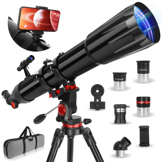 Picture of Telescope,Telescope for Adults High Powered, 90mm Aperture 900mm Professional Refractor Telescope for Kids & Beginners, Magnification 450X, for Planet Observation with Stainless Tripod & Phone Adapter
