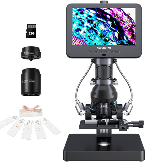 Picture of Andonstar AD266S 20X-5000X HDMI Digital Microscope, 5 Lens 2160P UHD Video Record, 7'' LCD Microscope for Adults Kids, Home Lab Biological Microscope Kit with Slides, Coin Microscope Full View