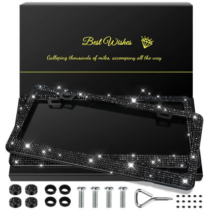 Picture of QUANQIUFEI 2 Pack Bling License Plate Frames for Women, Sparkly Rhinestone Diamond Car Accessories with Glitter Crystal Caps (Black)