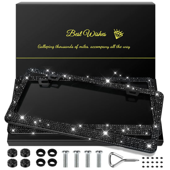 Picture of QUANQIUFEI 2 Pack Bling License Plate Frames for Women, Sparkly Rhinestone Diamond Car Accessories with Glitter Crystal Caps (Black)