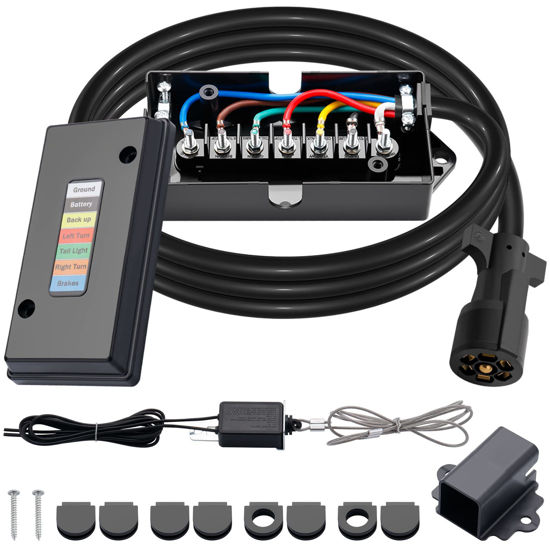 Picture of CheeMuii 7 Way Trailer Cord and 7 Gang Junction Box Kit with 12V Breakaway Switch and Plug Holder Heavy Duty 8 FT Trailer Wiring Harness Kit for Trailers RVs Campers
